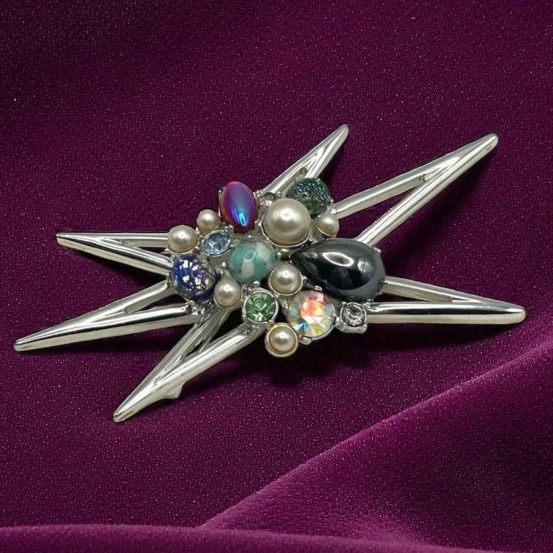 Vintage Emmons Atomic Starburst Silver Brooch Mcm Opal Art Glass Rhinestones 70$